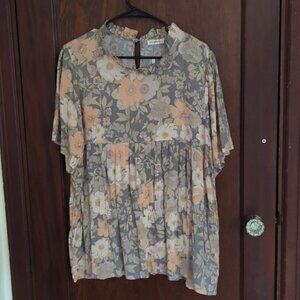 AndTheWhy Short Sleeve Flowy Babydoll Cottagecore Floral Blouse Size Large